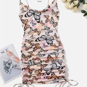 SHEIN Ruched Drawstring Butterfly Dress